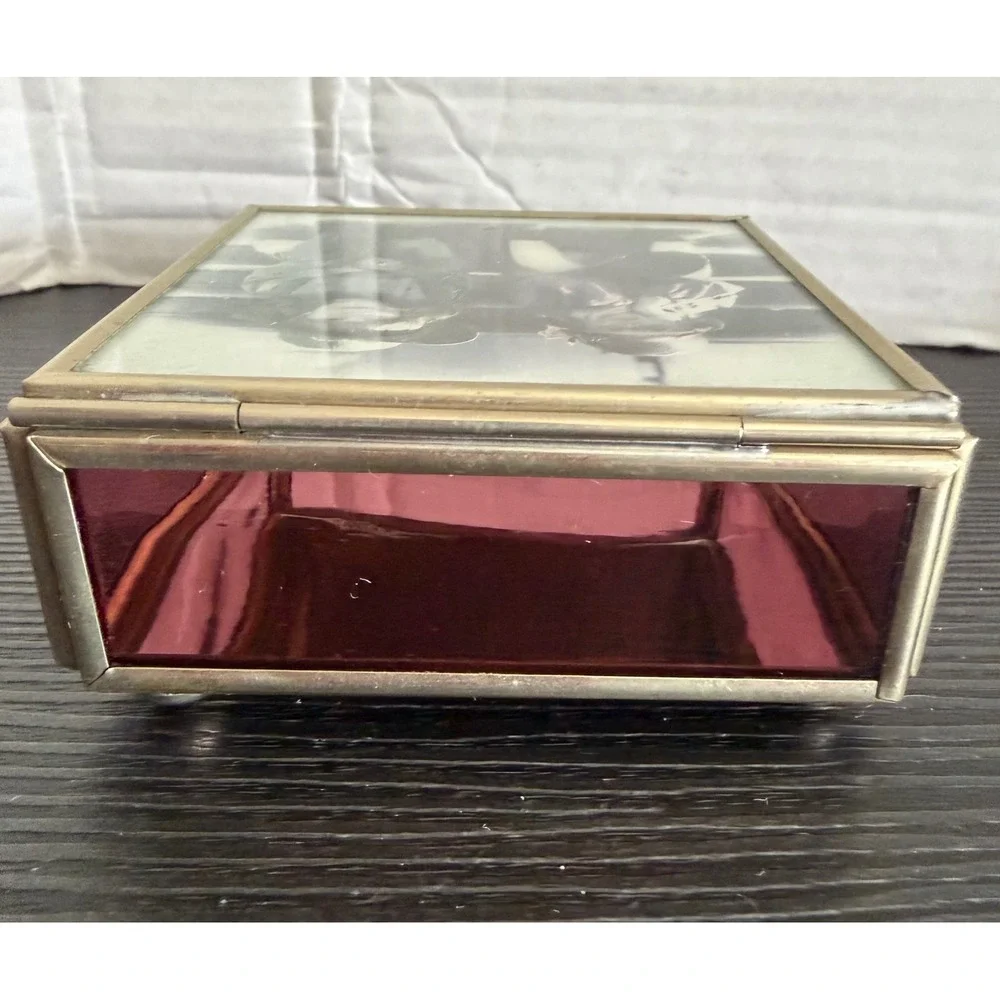 Vintage Enesco Stained Glass Jewelry Box Cranberry Purple Brass Photo Lid Mexico